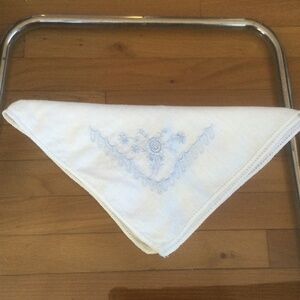Vintage Linen Handkerchief with Hand Embroidered Flower. 11” square